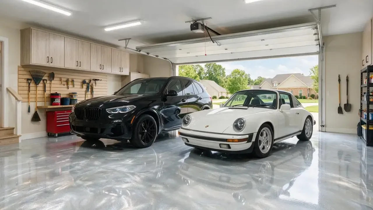 After: the same garage with a glossy silver metallic coating