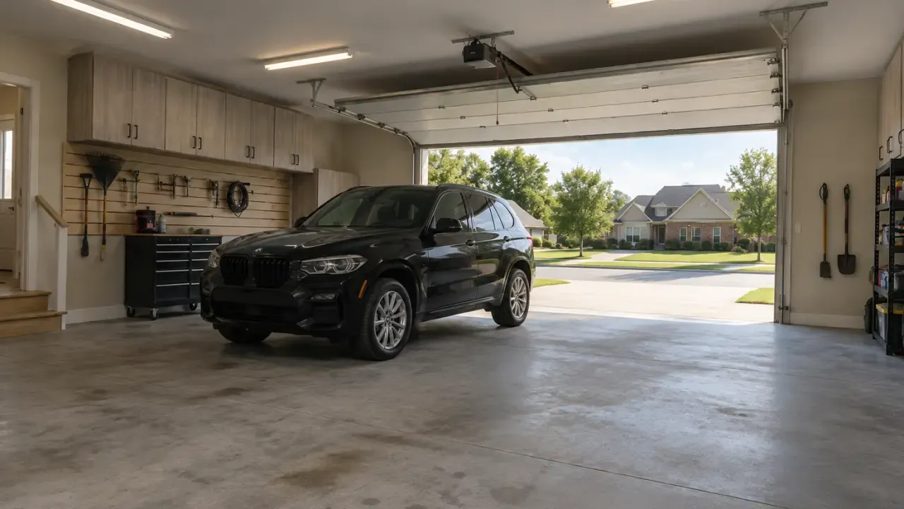 Before: bare, stained concrete floor in a garage with wood cabinets